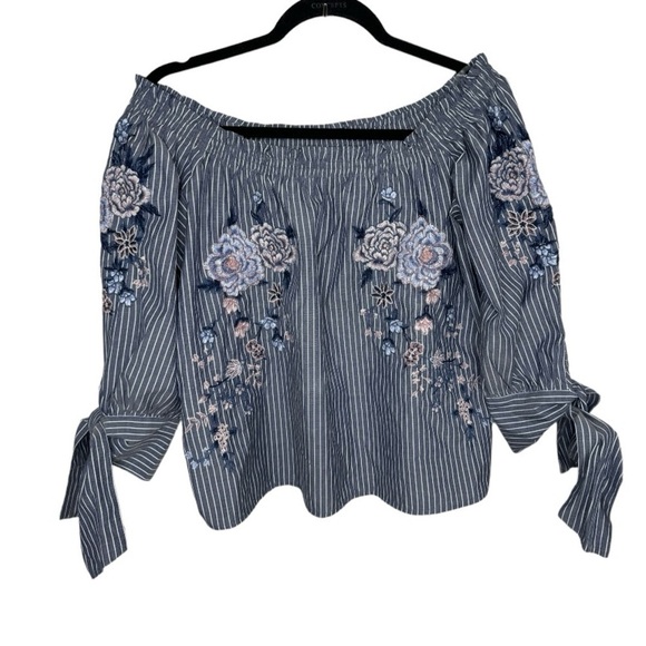 American Eagle Poplin Striped Embroidered Blouse Size Small - Picture 3 of 6